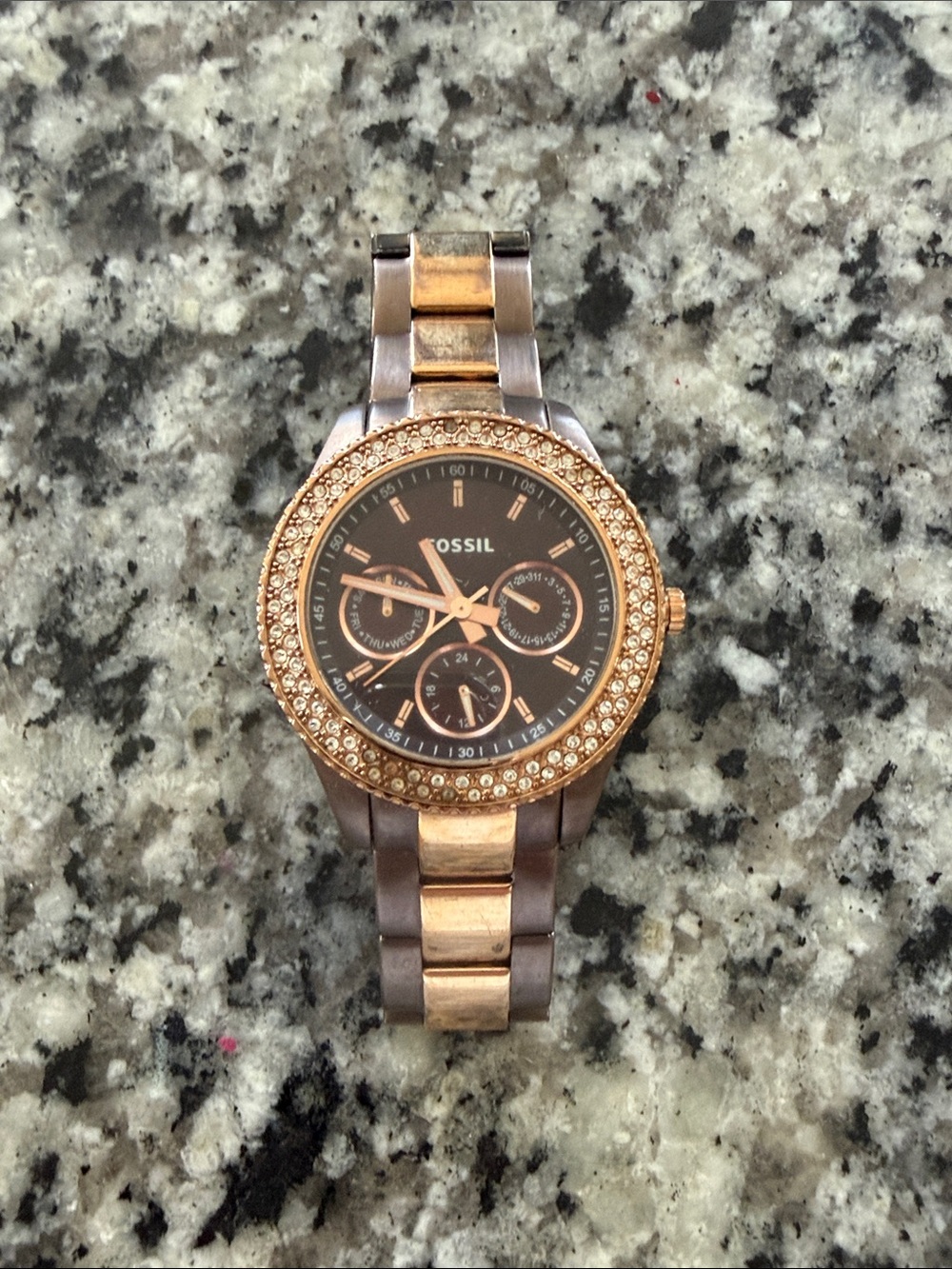 Fossil Two-Tone Rose Gold and Gunmetal Crystal Accent Women's Watch